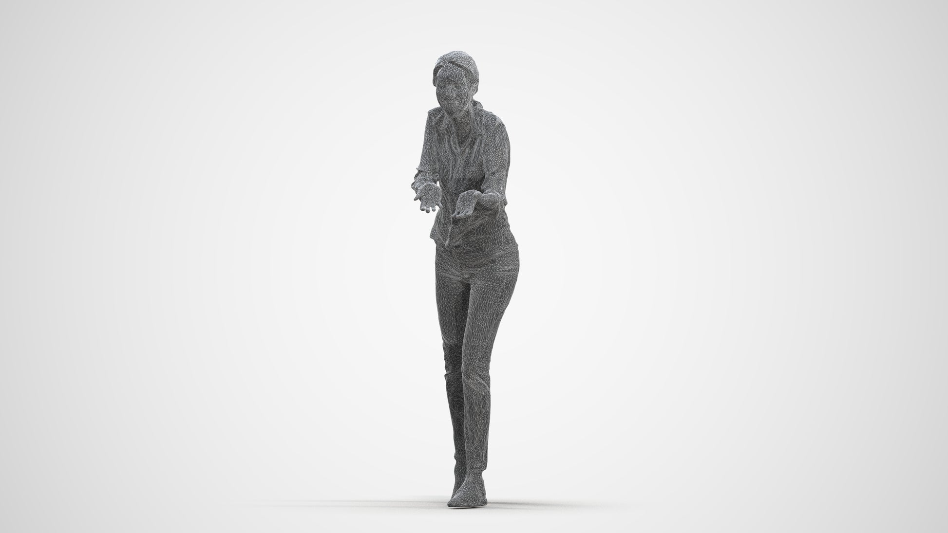 3D human model woman casual standing, photogrammetry scanned person for archviz, three-quarter front view render