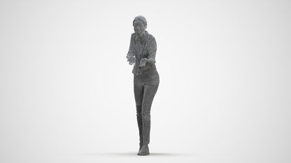 3D human model woman casual standing, photogrammetry scanned person for archviz, three-quarter front view render