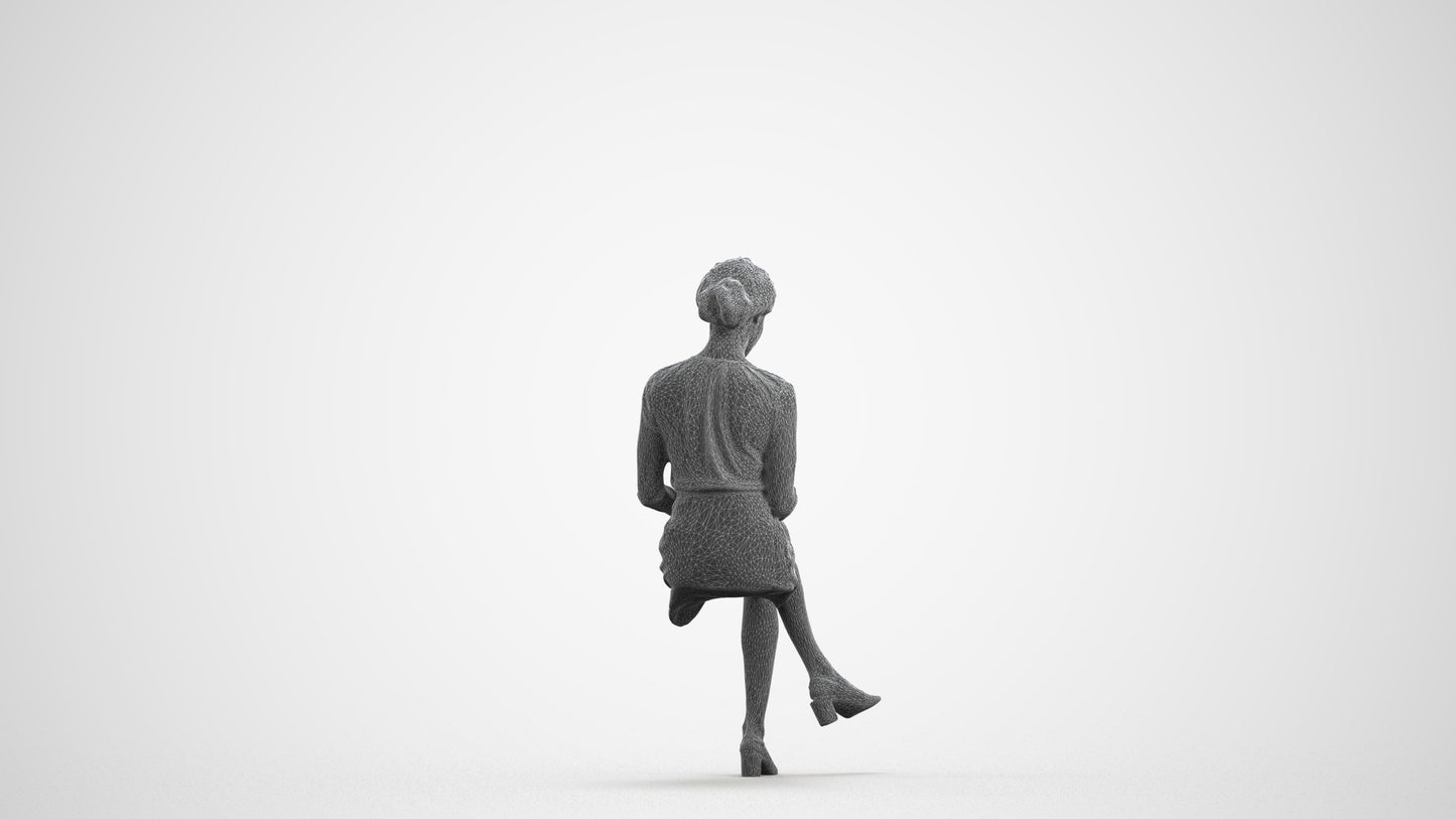 realistic 3D woman casual sitting, scanned archviz people for Blender and 3ds Max, wireframe front view