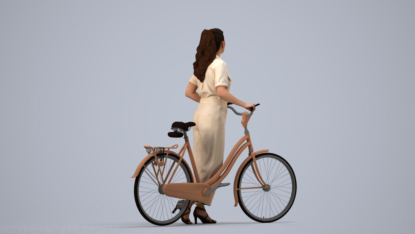 realistic 3D woman formal cycling, scanned archviz people for Blender and 3ds Max, side view render