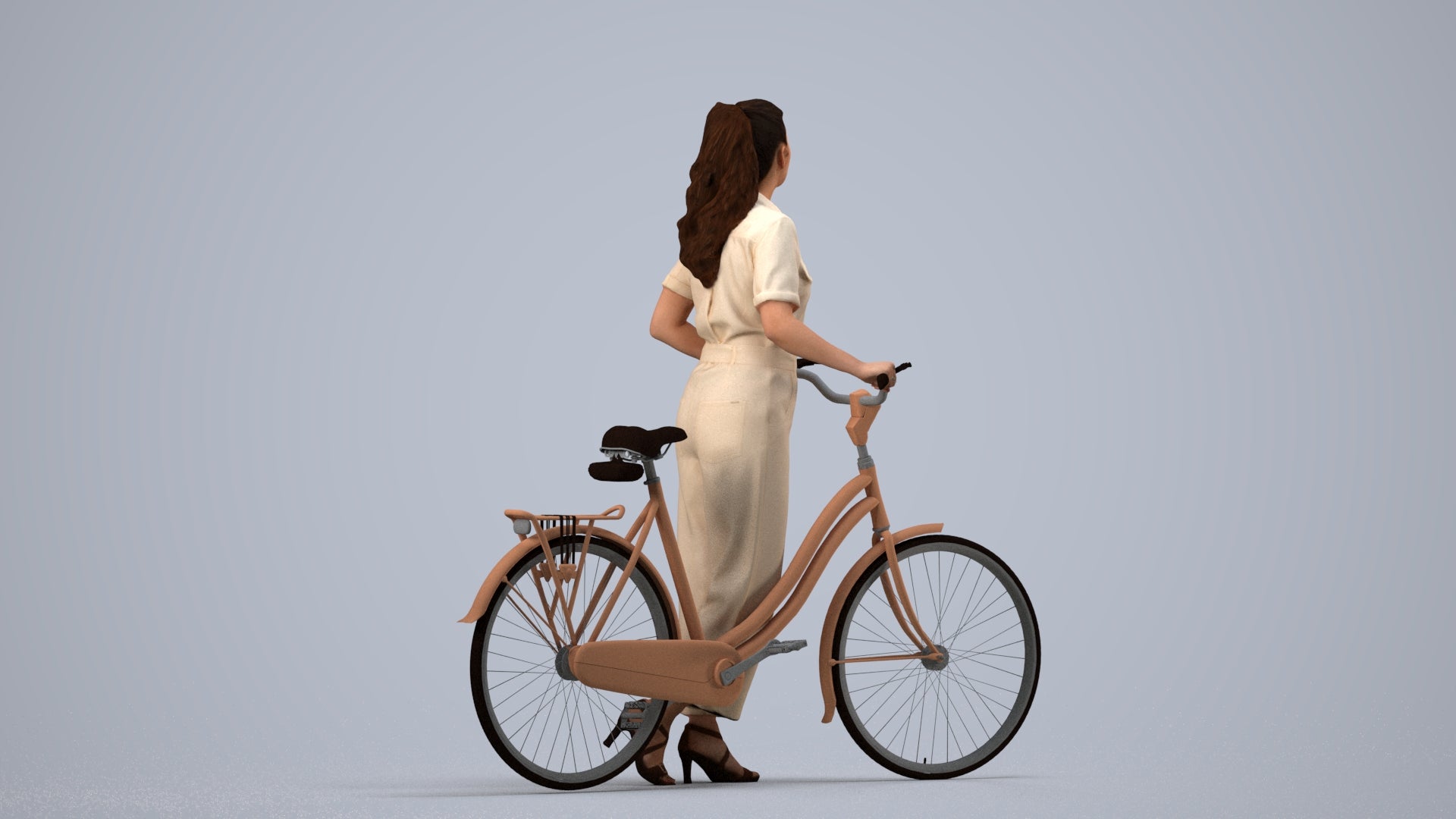 realistic 3D woman formal cycling, scanned archviz people for Blender and 3ds Max, side view render