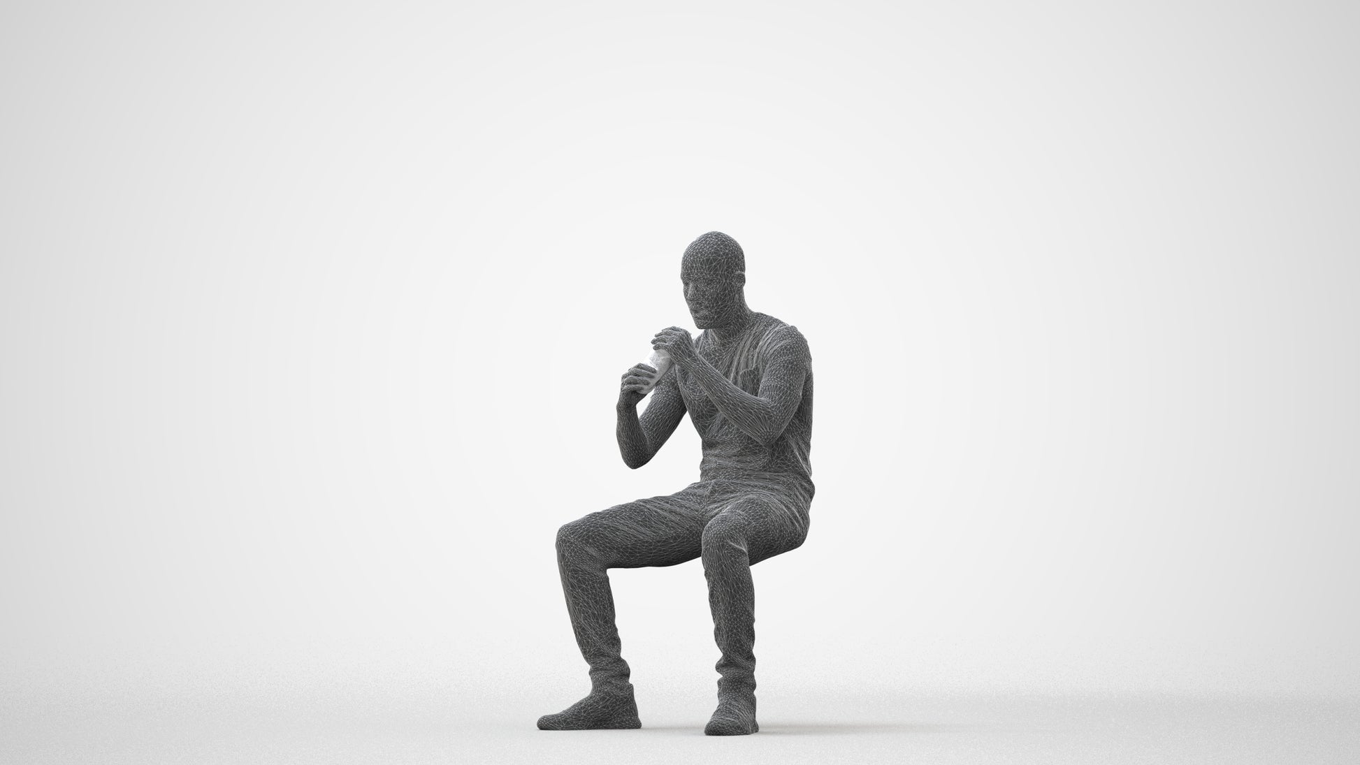 3D human model man casual sitting, photogrammetry scanned person for archviz, square thumbnail