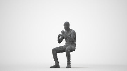 3D human model man casual sitting, photogrammetry scanned person for archviz, square thumbnail