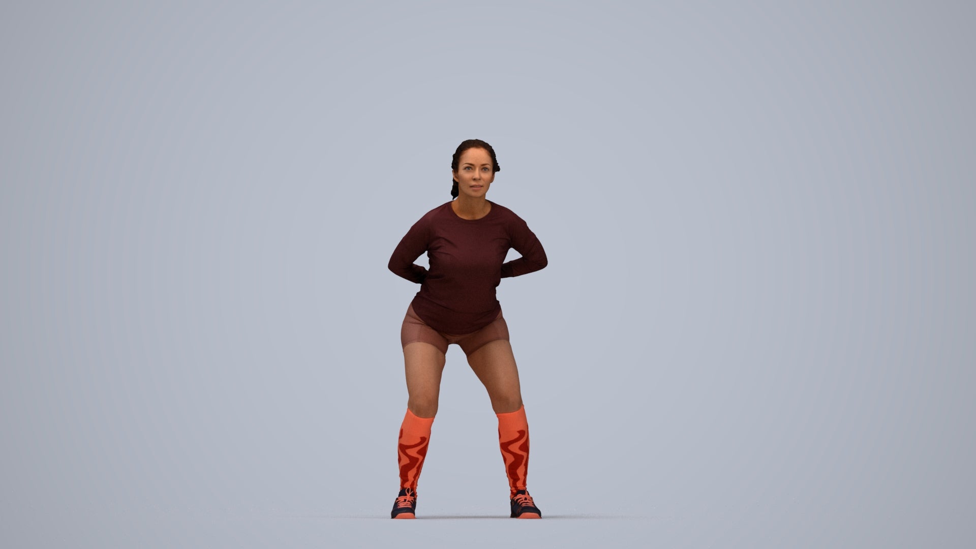 3D people model woman sport, scanned human for 3ds Max rendering, top-down view render