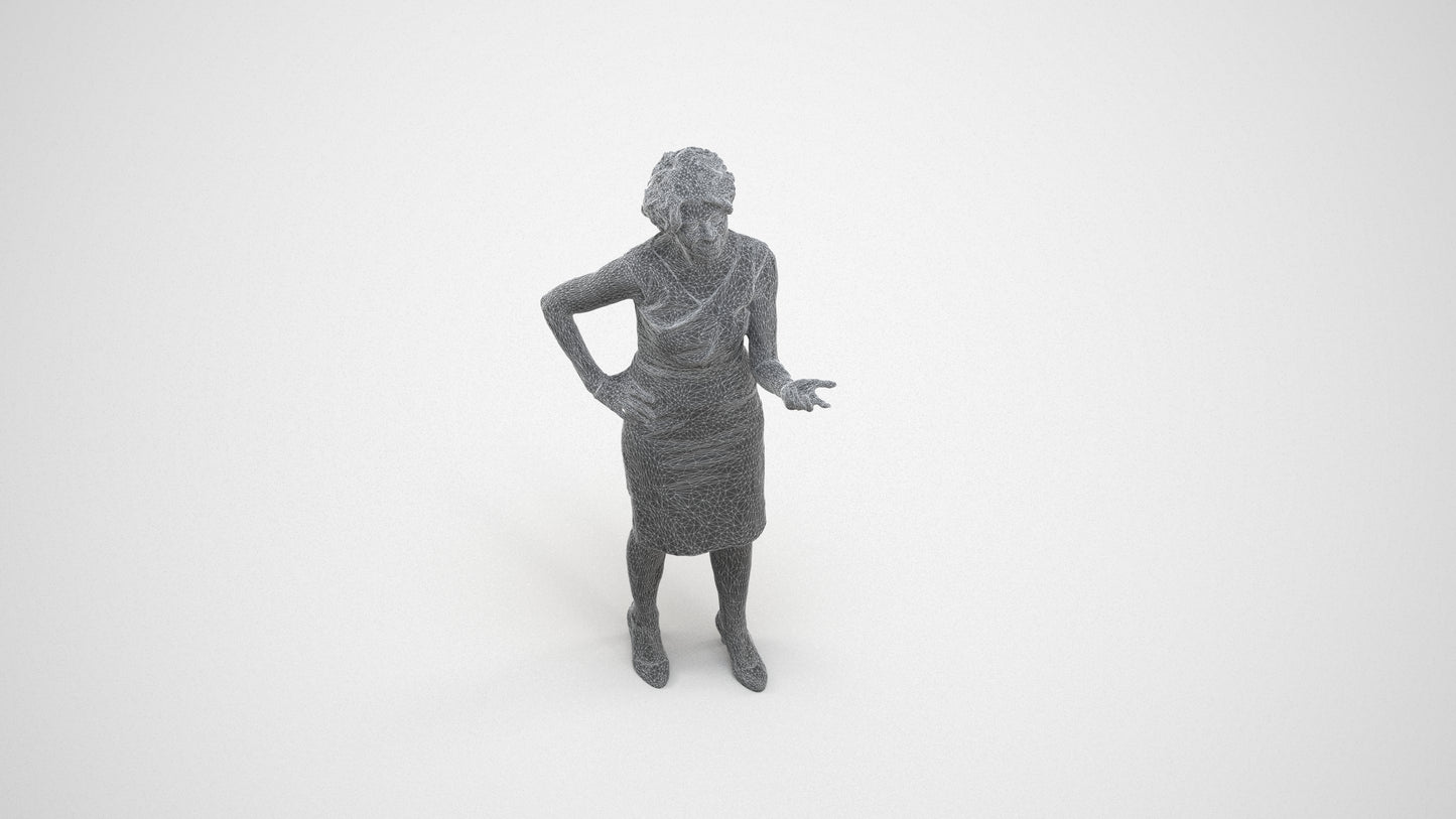 realistic 3D human woman business standing, archviz people FBX OBJ for Blender, wireframe three-quarter view