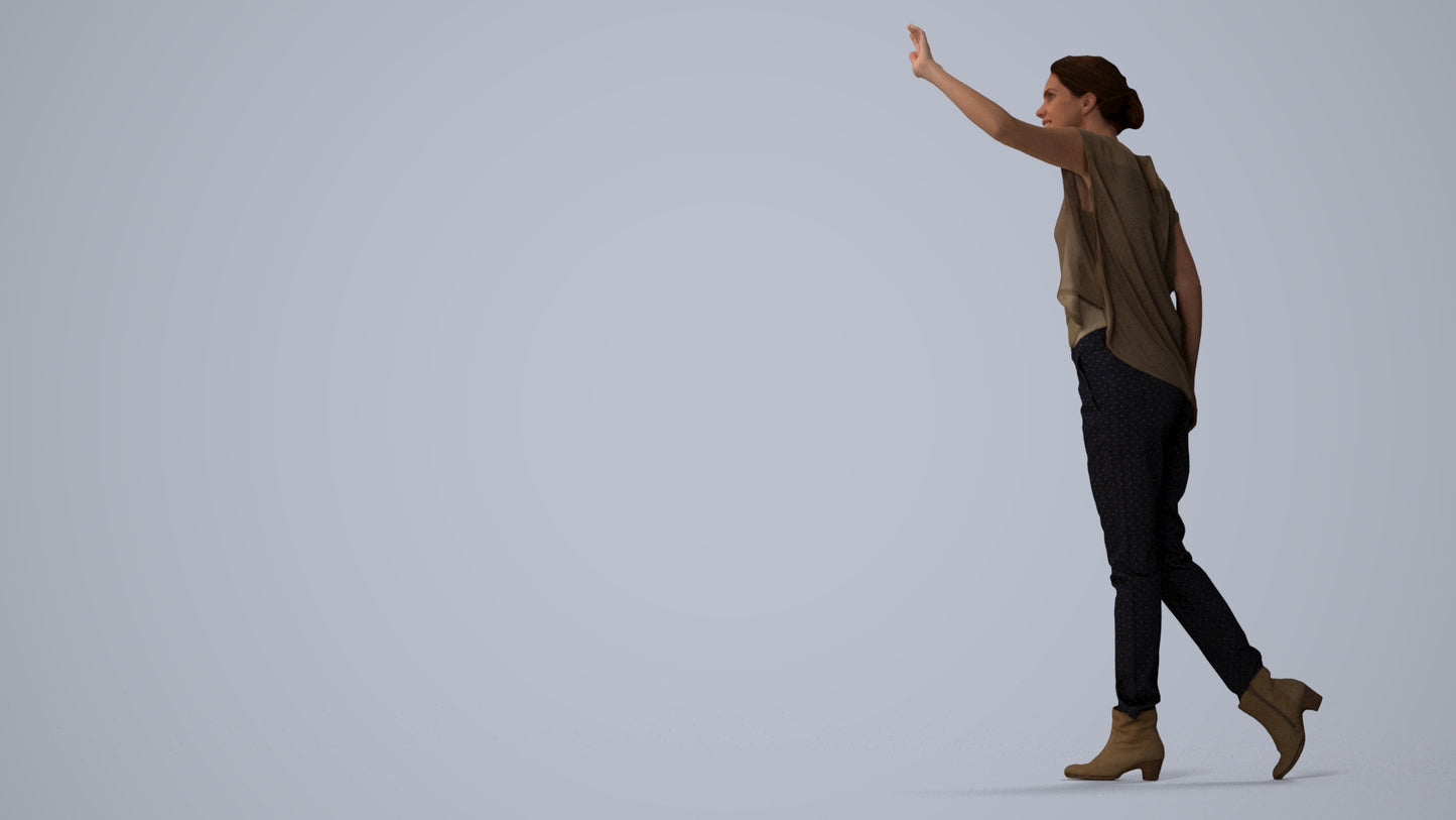 3D scanned woman standing casual, photorealistic archviz people for Enscape and SketchUp, three-quarter view render