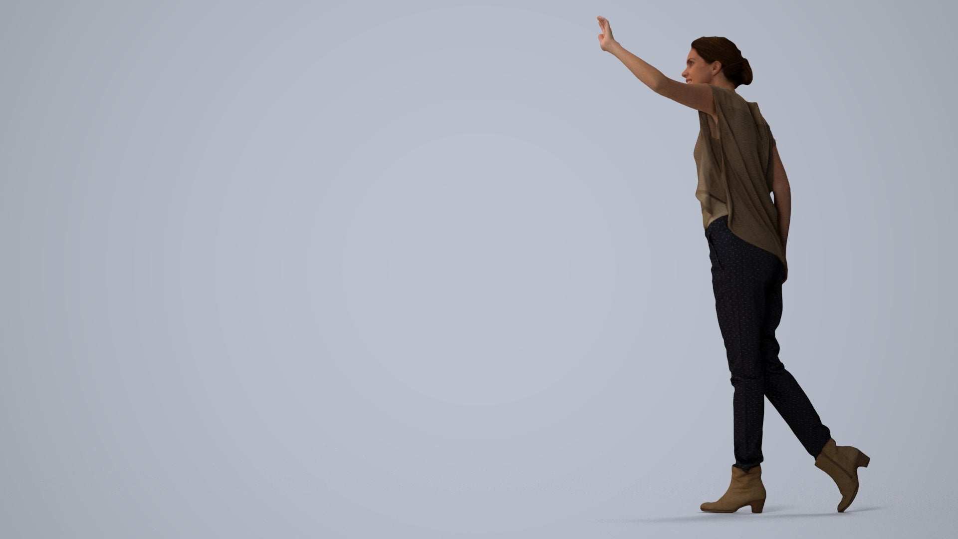3D scanned woman standing casual, photorealistic archviz people for Enscape and SketchUp, three-quarter view render
