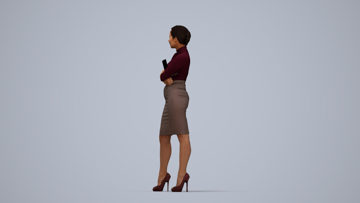 3D people model woman business standing, scanned human for 3ds Max rendering, top-down view render