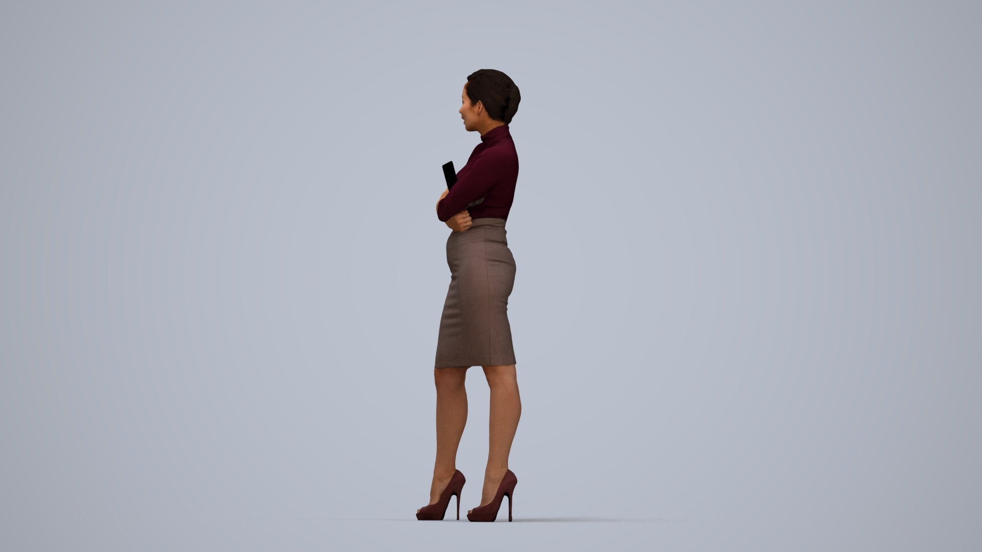 3D people model woman business standing, scanned human for 3ds Max rendering, top-down view render