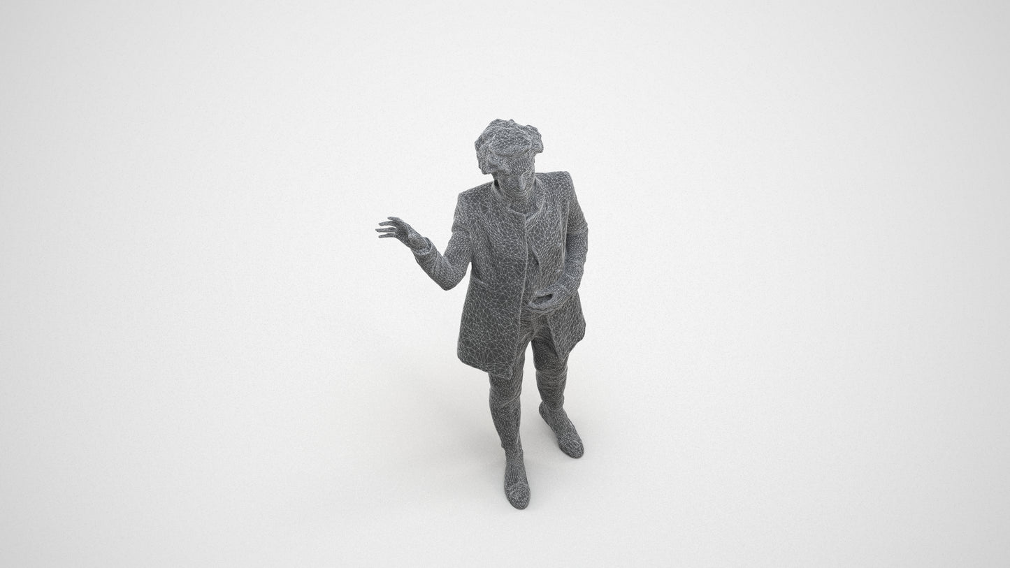 3D human model woman business, photogrammetry scanned person for archviz, wireframe three-quarter view