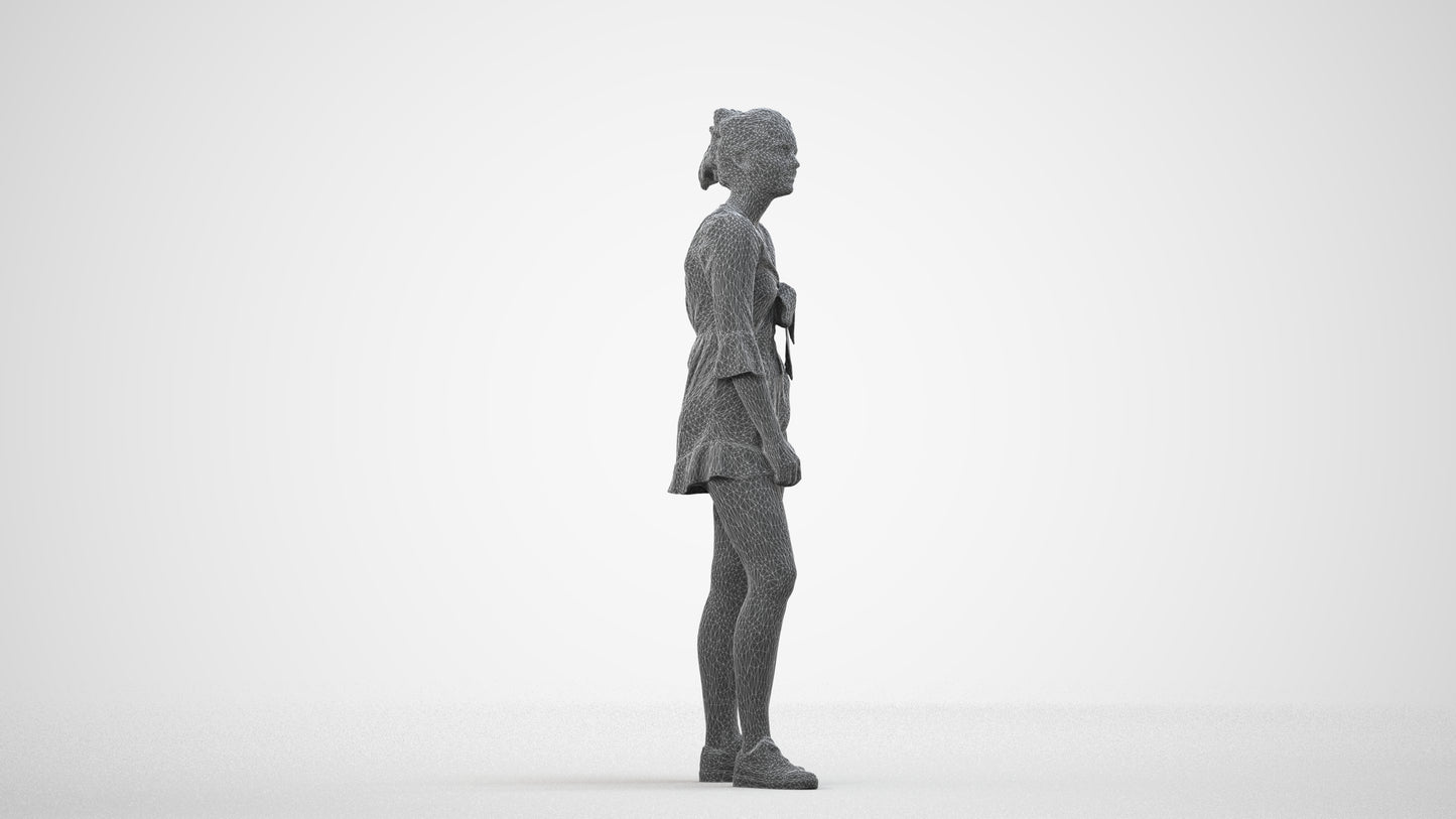 3D human model girl casual kids, photogrammetry scanned person for archviz, wireframe side view