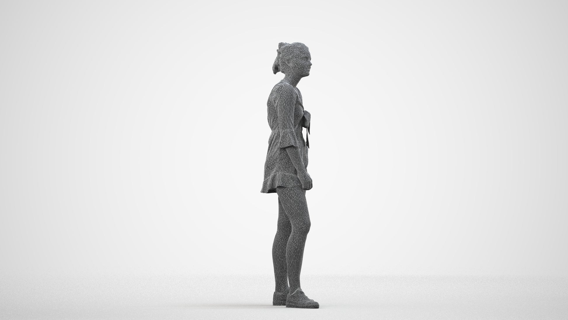 3D human model girl casual kids, photogrammetry scanned person for archviz, wireframe side view
