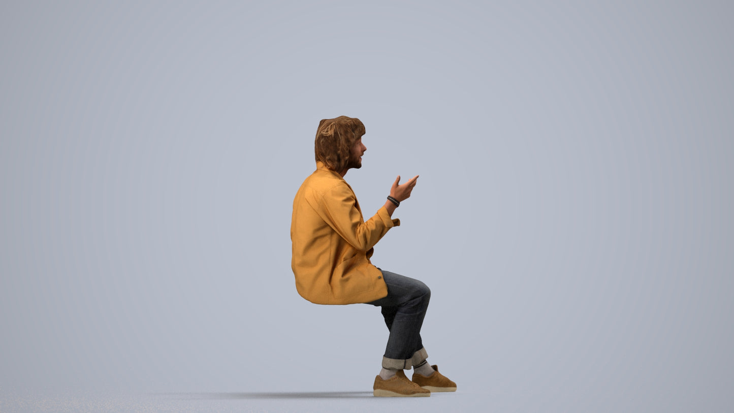 realistic 3D man casual sitting, scanned archviz people for Blender and 3ds Max, side view render