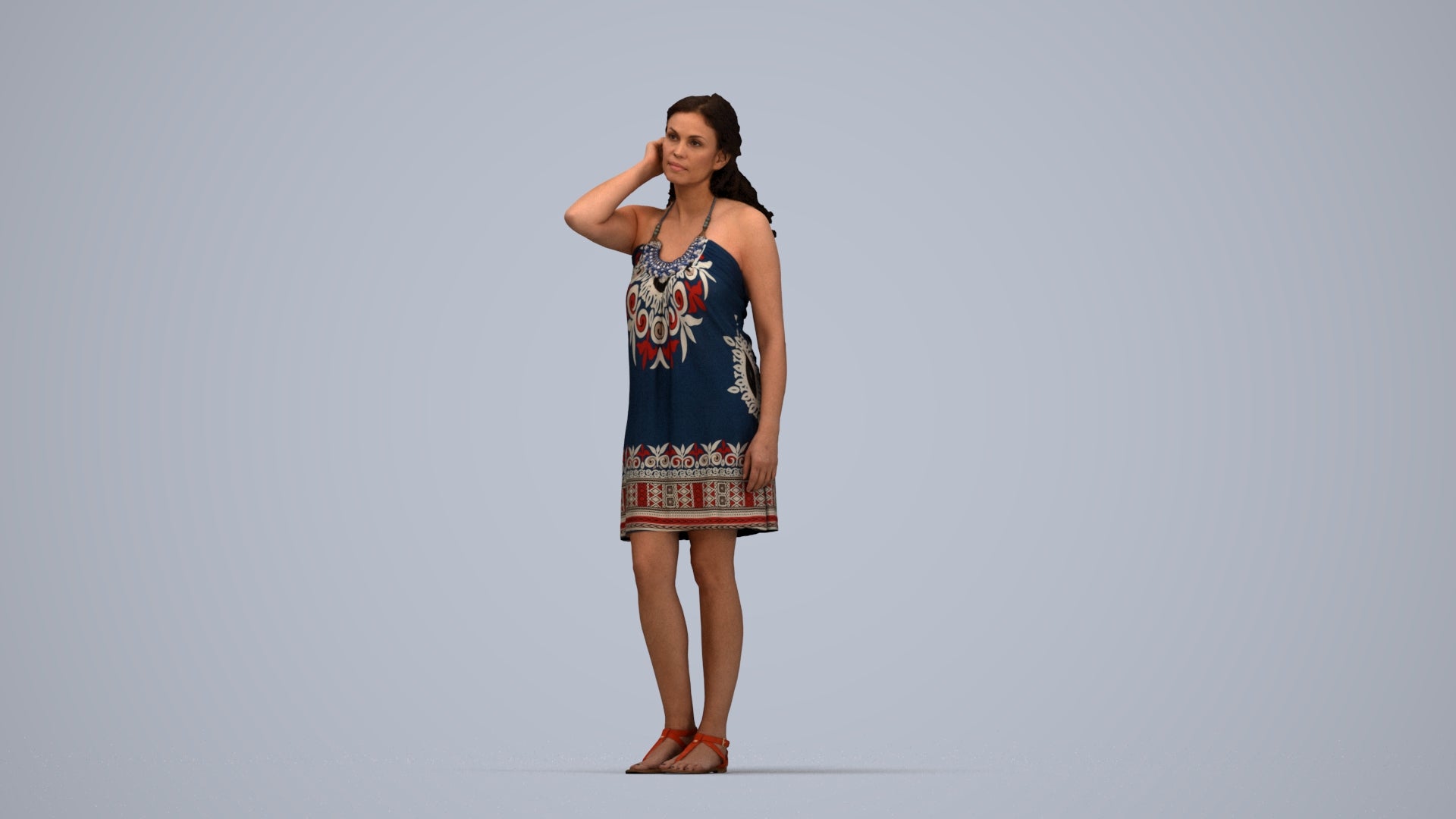 3D human model woman standing, photogrammetry scanned person for archviz, top-down view render
