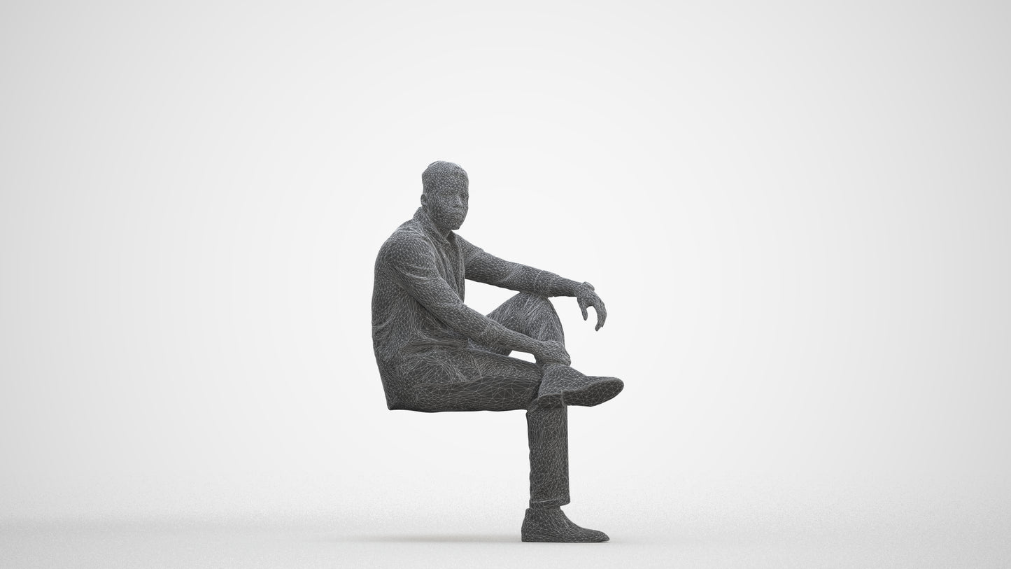 scanned 3D man casual sitting, photogrammetry people for Enscape and V-Ray, three-quarter front view render