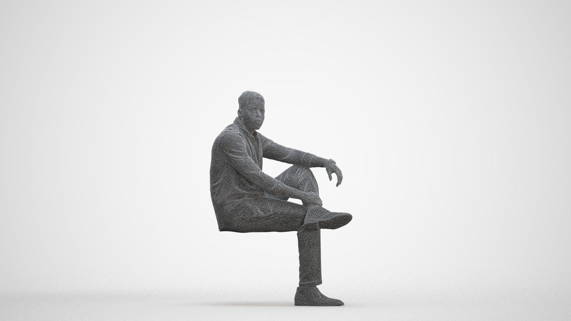 scanned 3D man casual sitting, photogrammetry people for Enscape and V-Ray, three-quarter front view render