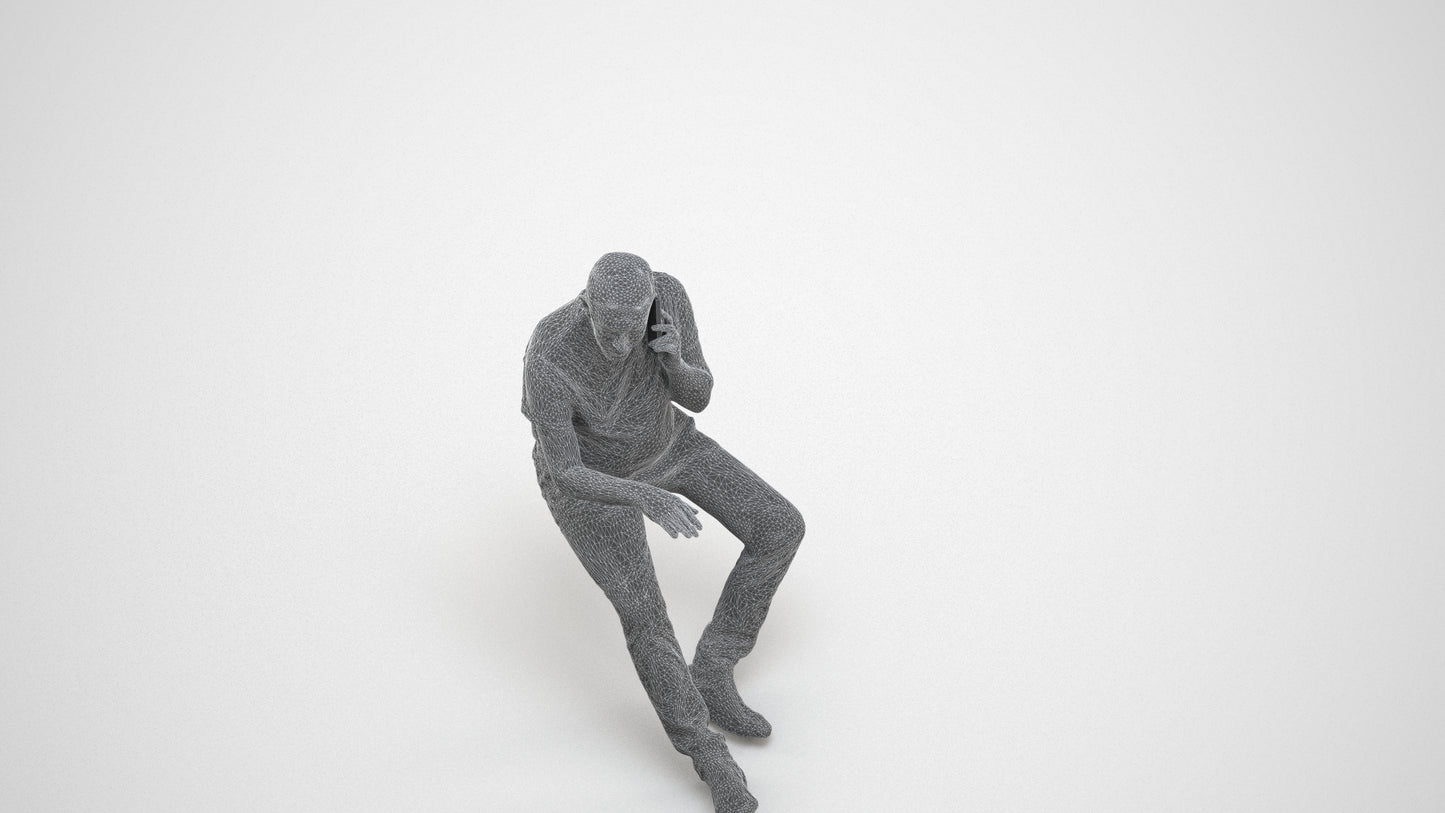 3D people model senior man casual sitting, scanned human for 3ds Max rendering, wireframe three-quarter view