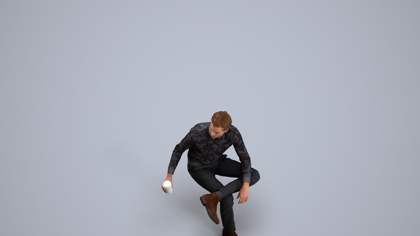 realistic 3D man casual sitting, scanned archviz people for Blender and 3ds Max, back view render