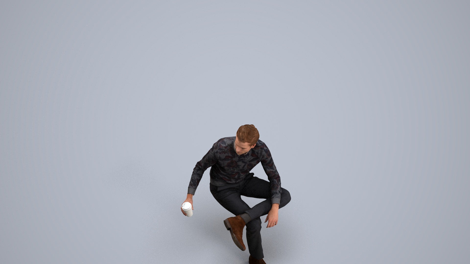 realistic 3D man casual sitting, scanned archviz people for Blender and 3ds Max, back view render