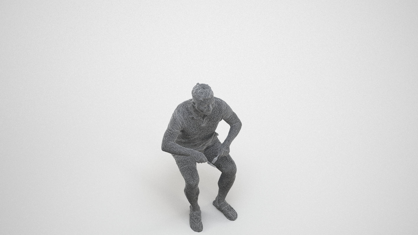 3D scanned man sitting casual, photorealistic archviz people for Enscape and SketchUp, wireframe three-quarter view