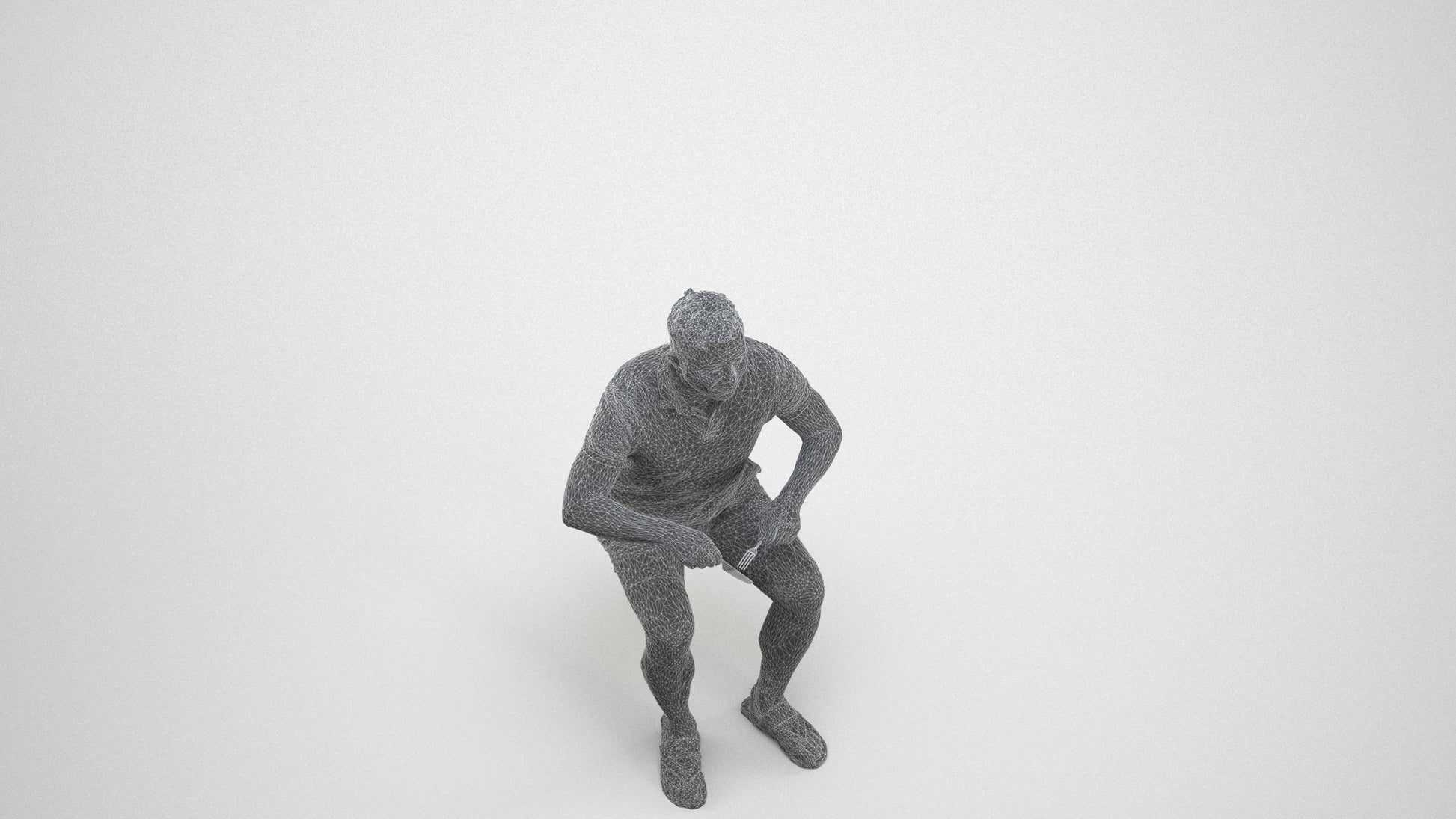 3D scanned man sitting casual, photorealistic archviz people for Enscape and SketchUp, wireframe three-quarter view