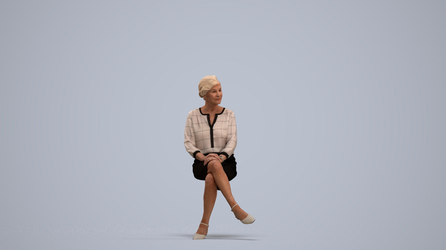 realistic 3D senior woman business sitting, scanned archviz people for Blender and 3ds Max, standing pose render