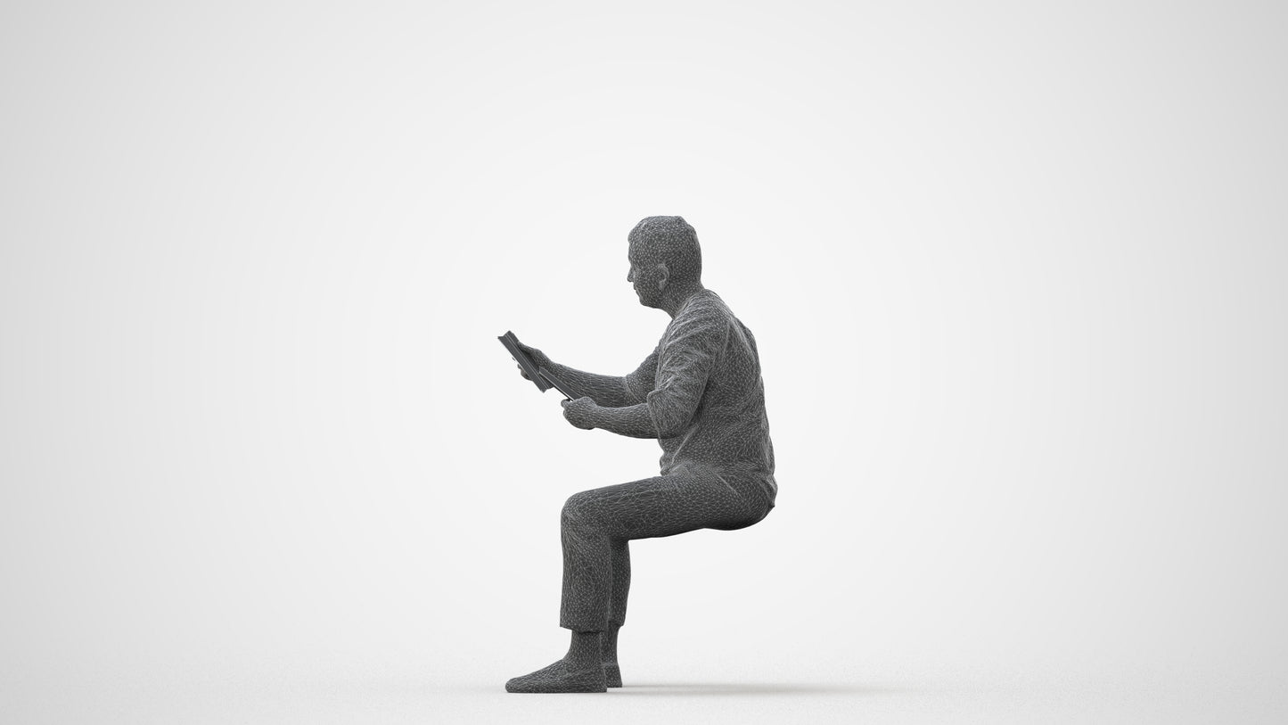realistic 3D man casual sitting, scanned archviz people for Blender and 3ds Max, square thumbnail