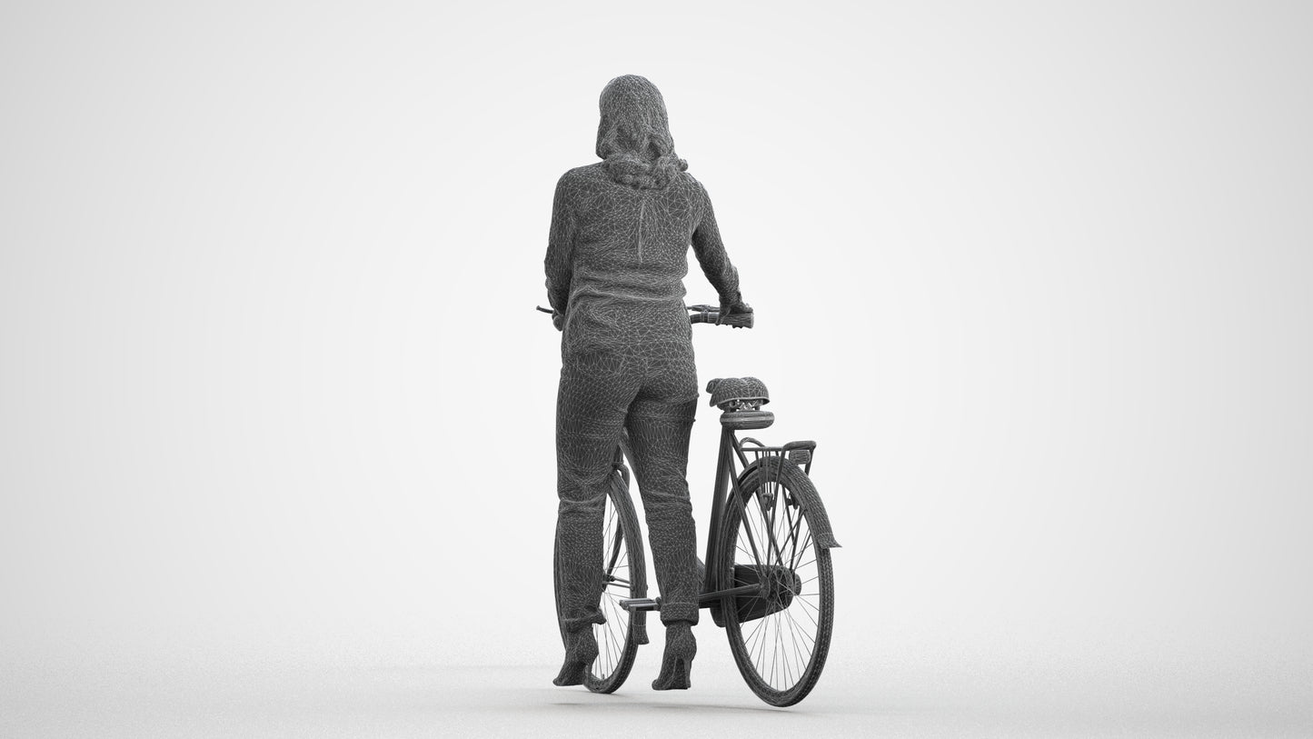 3D human model woman casual walking, photogrammetry scanned person for archviz, wireframe front view