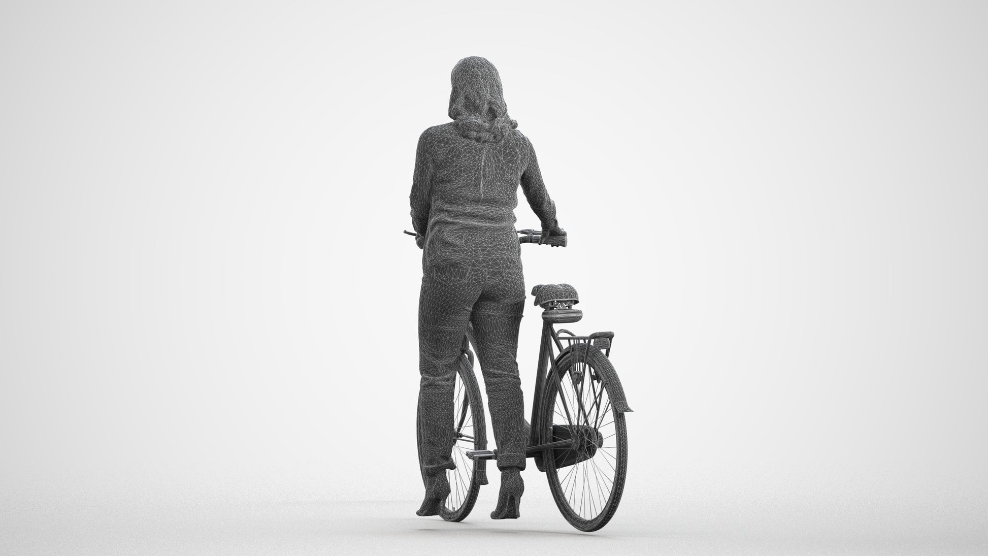 3D human model woman casual walking, photogrammetry scanned person for archviz, wireframe front view