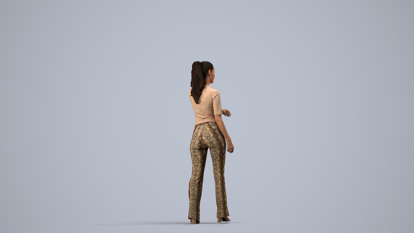 realistic 3D human woman casual door, archviz people FBX OBJ for Blender, side view render
