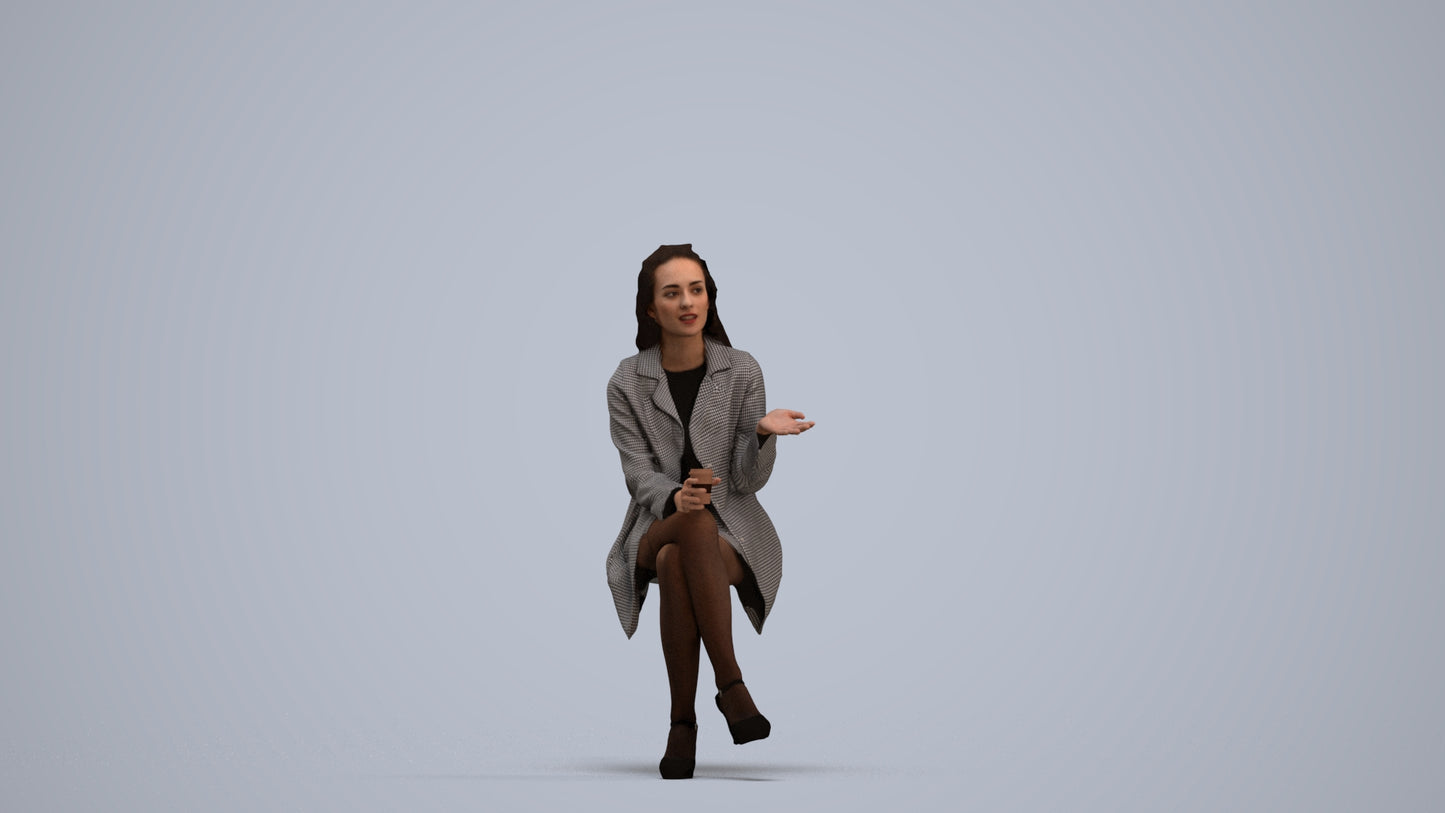 3D human model woman business sitting, photogrammetry scanned person for archviz, standing pose render