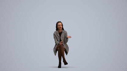 3D human model woman business sitting, photogrammetry scanned person for archviz, standing pose render