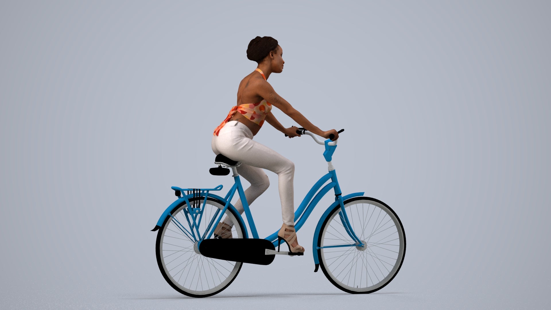 3D scanned woman cycling casual, photorealistic archviz people for Enscape and SketchUp, side view render