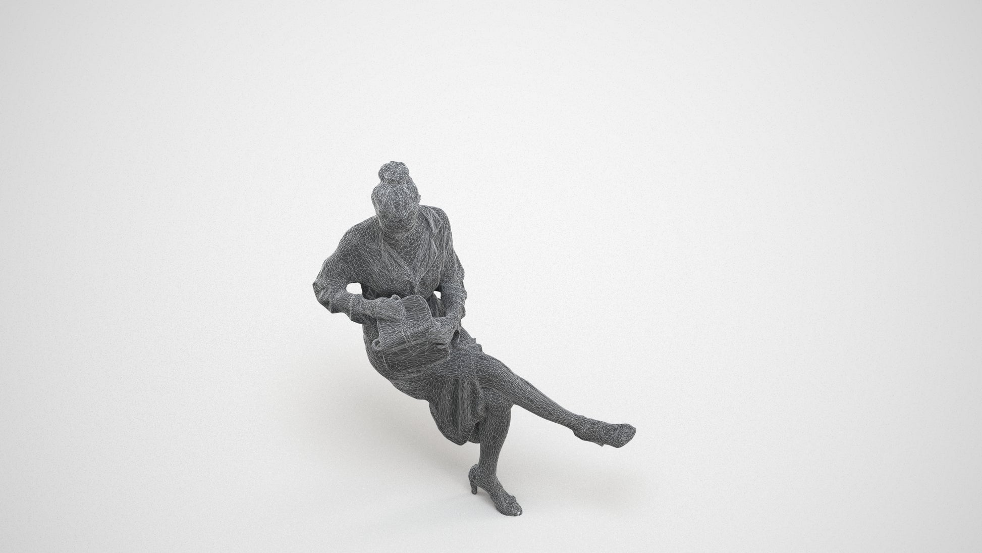realistic 3D woman casual sitting, scanned archviz people for Blender and 3ds Max, wireframe three-quarter view