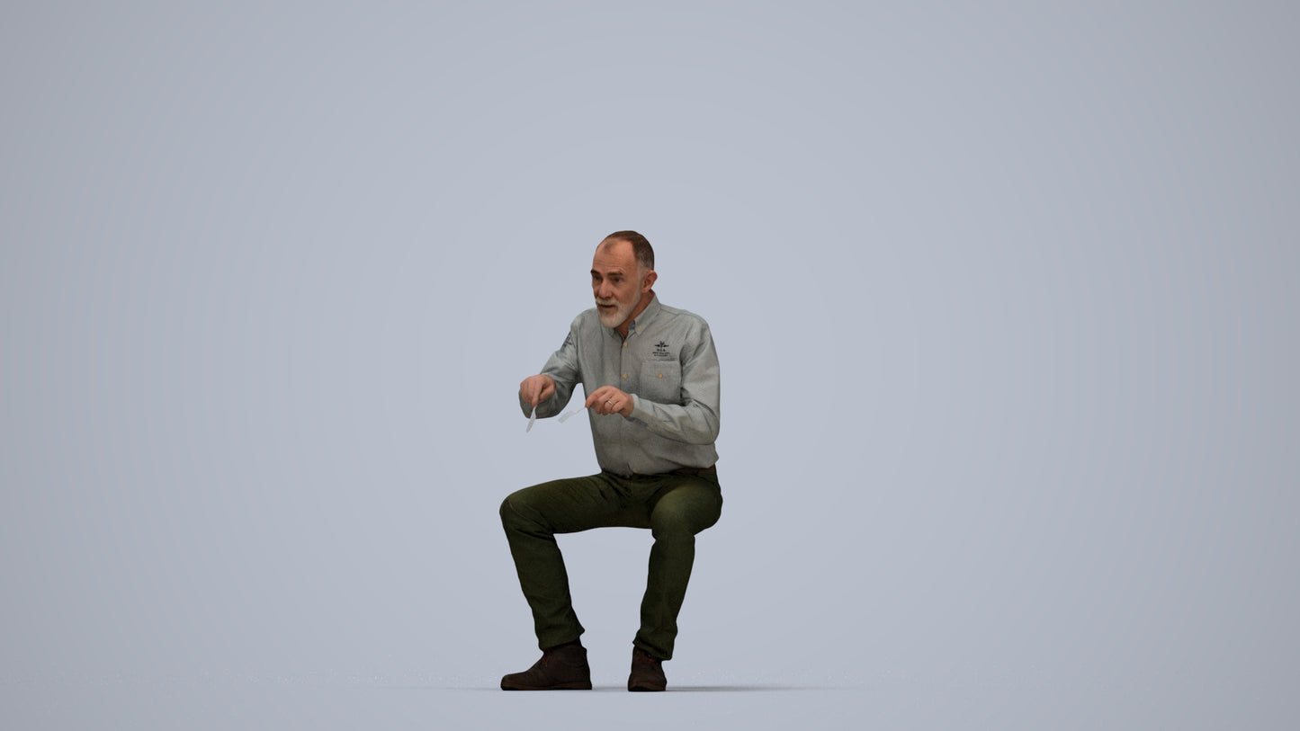 3D human model senior man casual sitting, photogrammetry scanned person for archviz, top-down view render