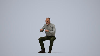 3D human model senior man casual sitting, photogrammetry scanned person for archviz, top-down view render