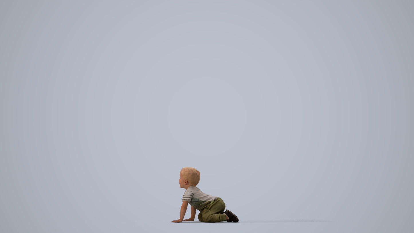 3D human model boy casual kids, photogrammetry scanned person for archviz, three-quarter view render