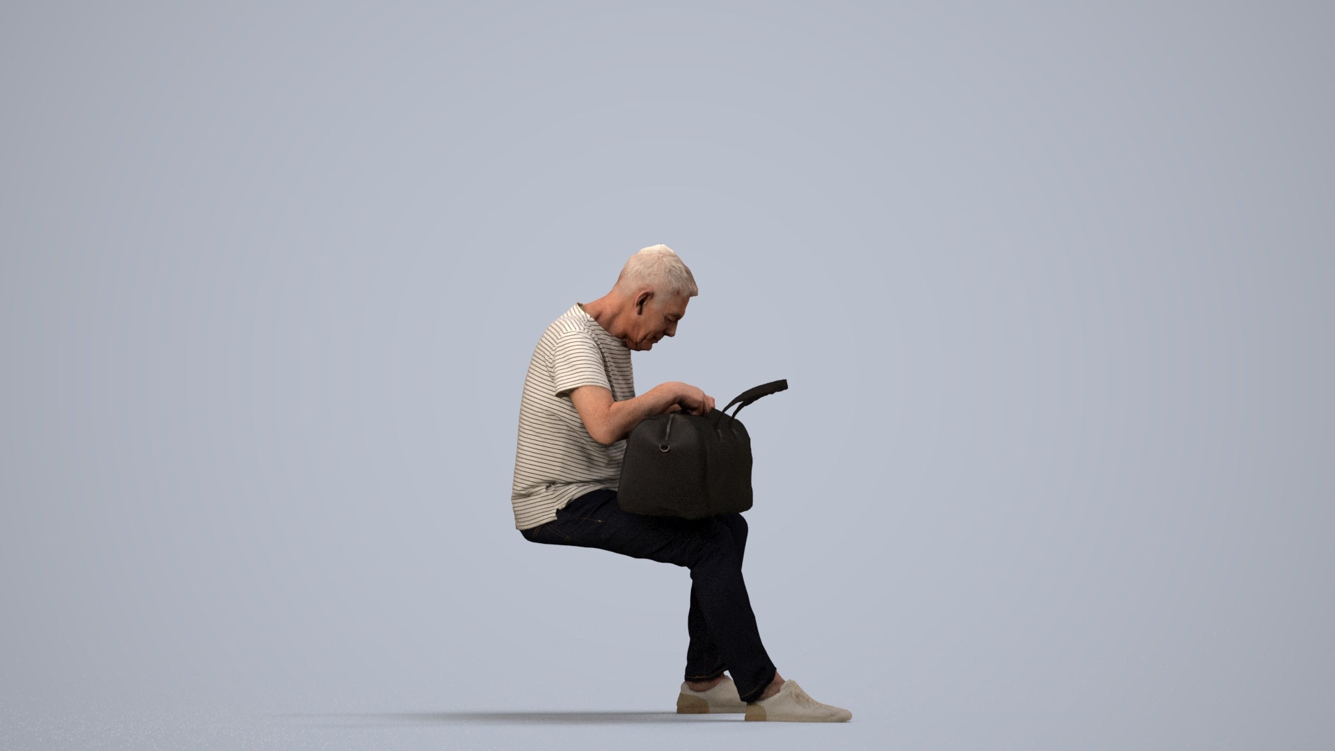 realistic 3D people senior man casual sitting, render-ready for V-Ray and Corona, FBX OBJ, side view render