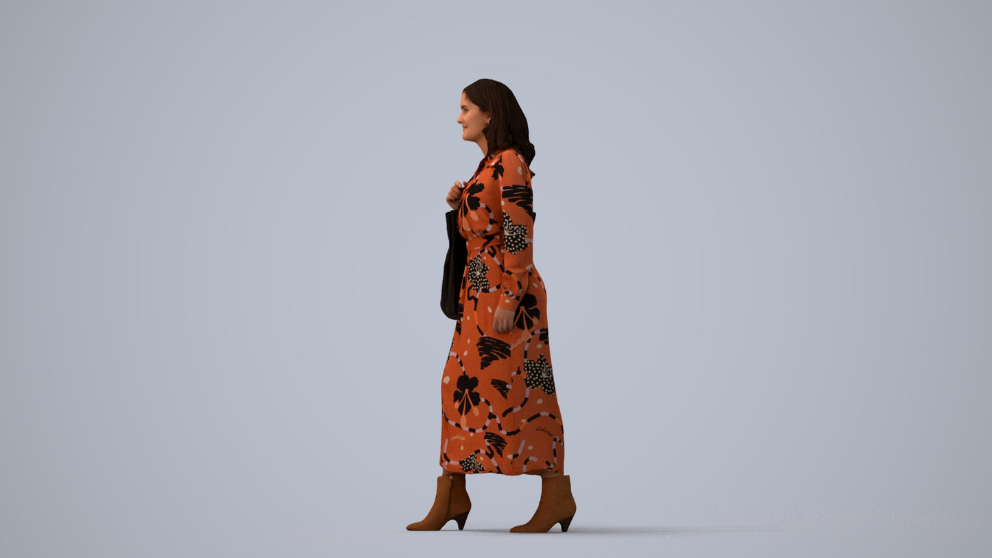 3D human model woman casual walking, photogrammetry scanned person for archviz, three-quarter view render