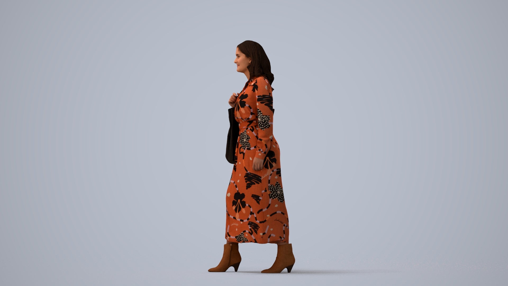 3D human model woman casual walking, photogrammetry scanned person for archviz, three-quarter view render