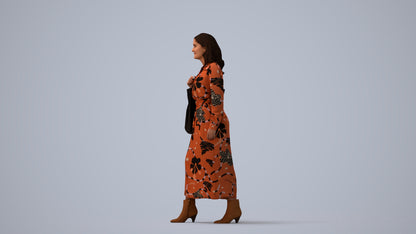 3D human model woman casual walking, photogrammetry scanned person for archviz, three-quarter view render