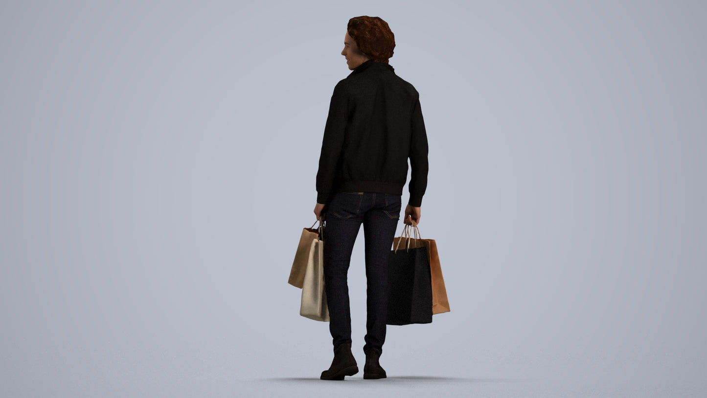 realistic 3D man casual shopping, scanned archviz people for Blender and 3ds Max, front view render