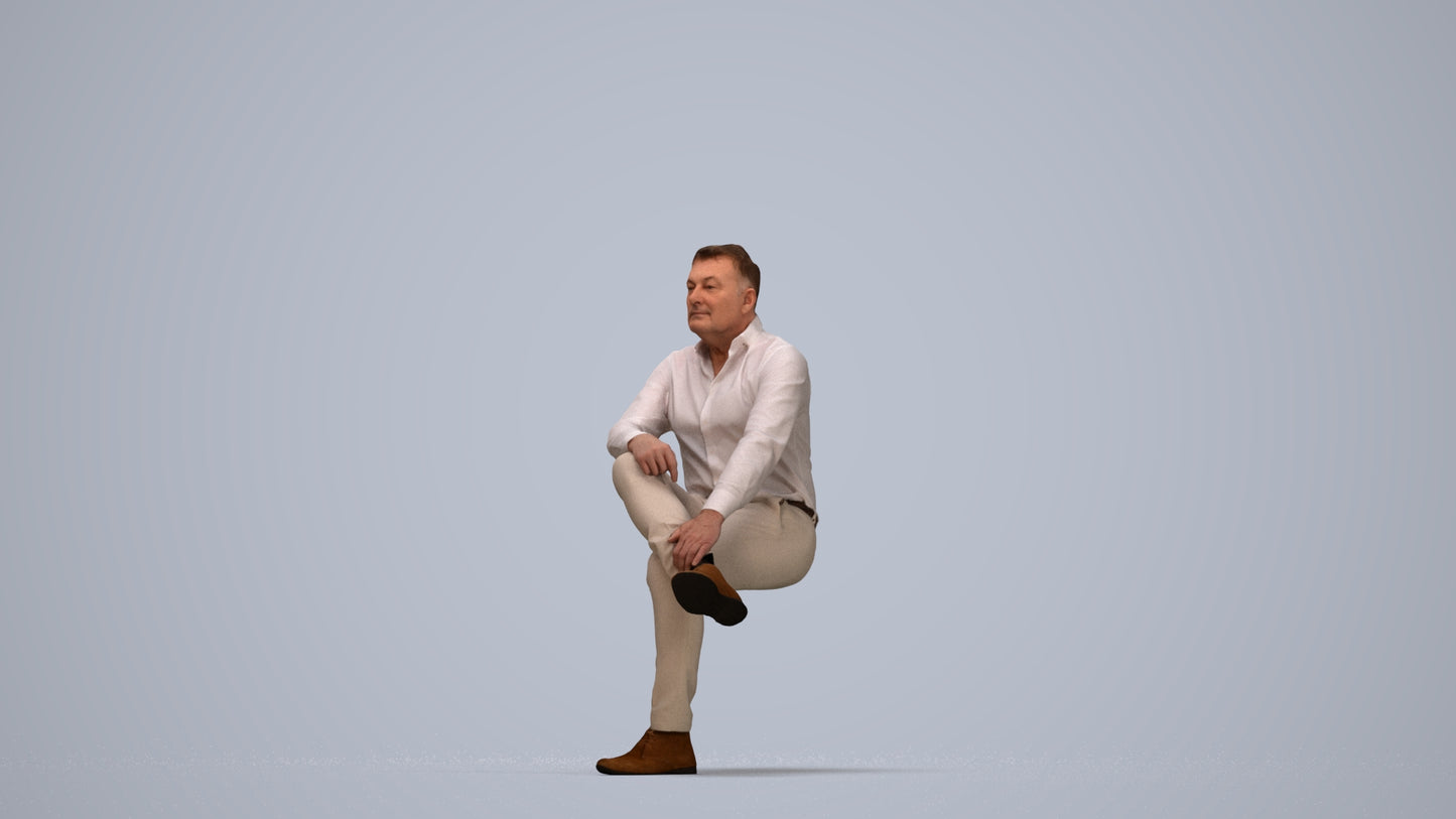 3D human model man casual sitting, photogrammetry scanned person for archviz, top-down view render
