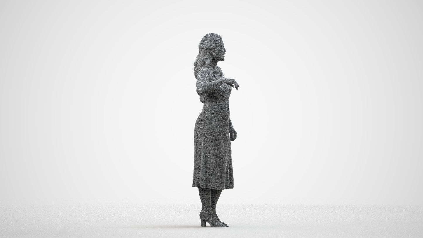 realistic 3D woman casual standing, scanned archviz people for Blender and 3ds Max, wireframe side view