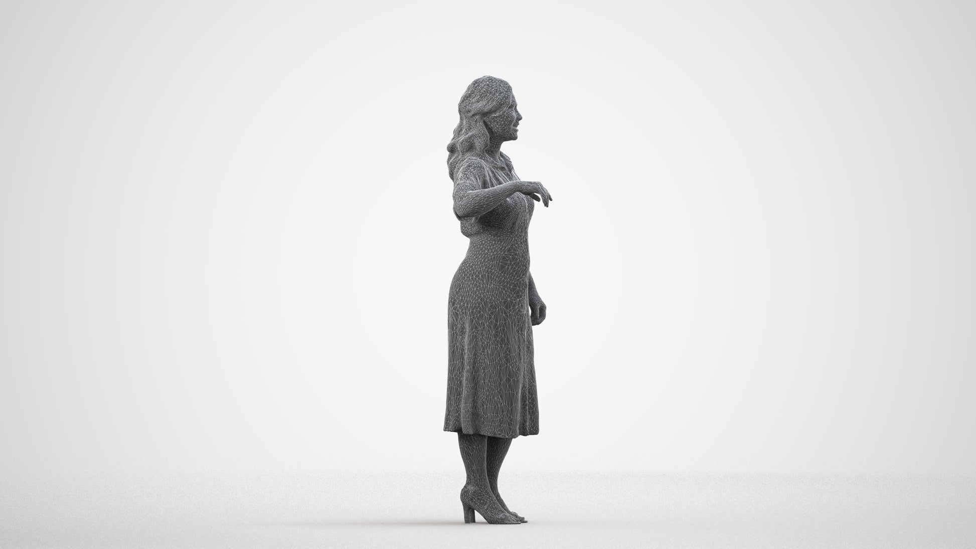 realistic 3D woman casual standing, scanned archviz people for Blender and 3ds Max, wireframe side view