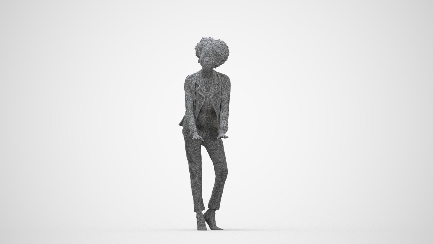 realistic 3D human woman business standing, archviz people FBX OBJ for Blender, wireframe back view