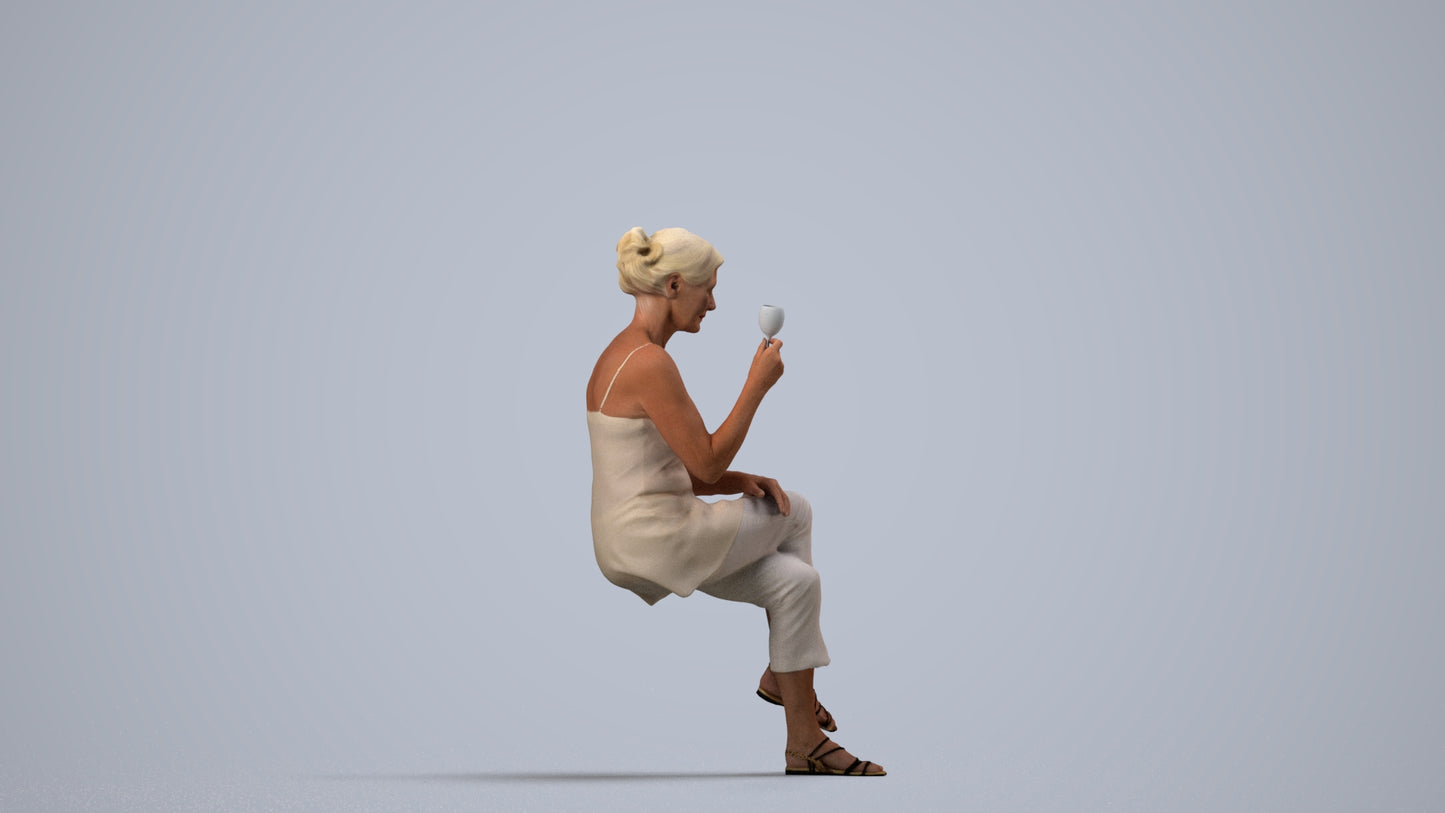 scanned 3D senior woman casual sitting, photogrammetry people for Enscape and V-Ray, side view render