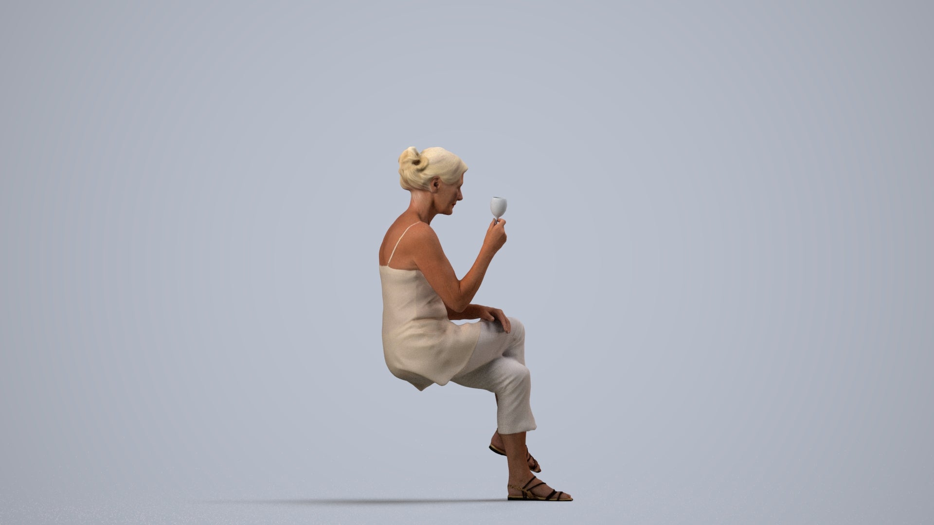 scanned 3D senior woman casual sitting, photogrammetry people for Enscape and V-Ray, side view render