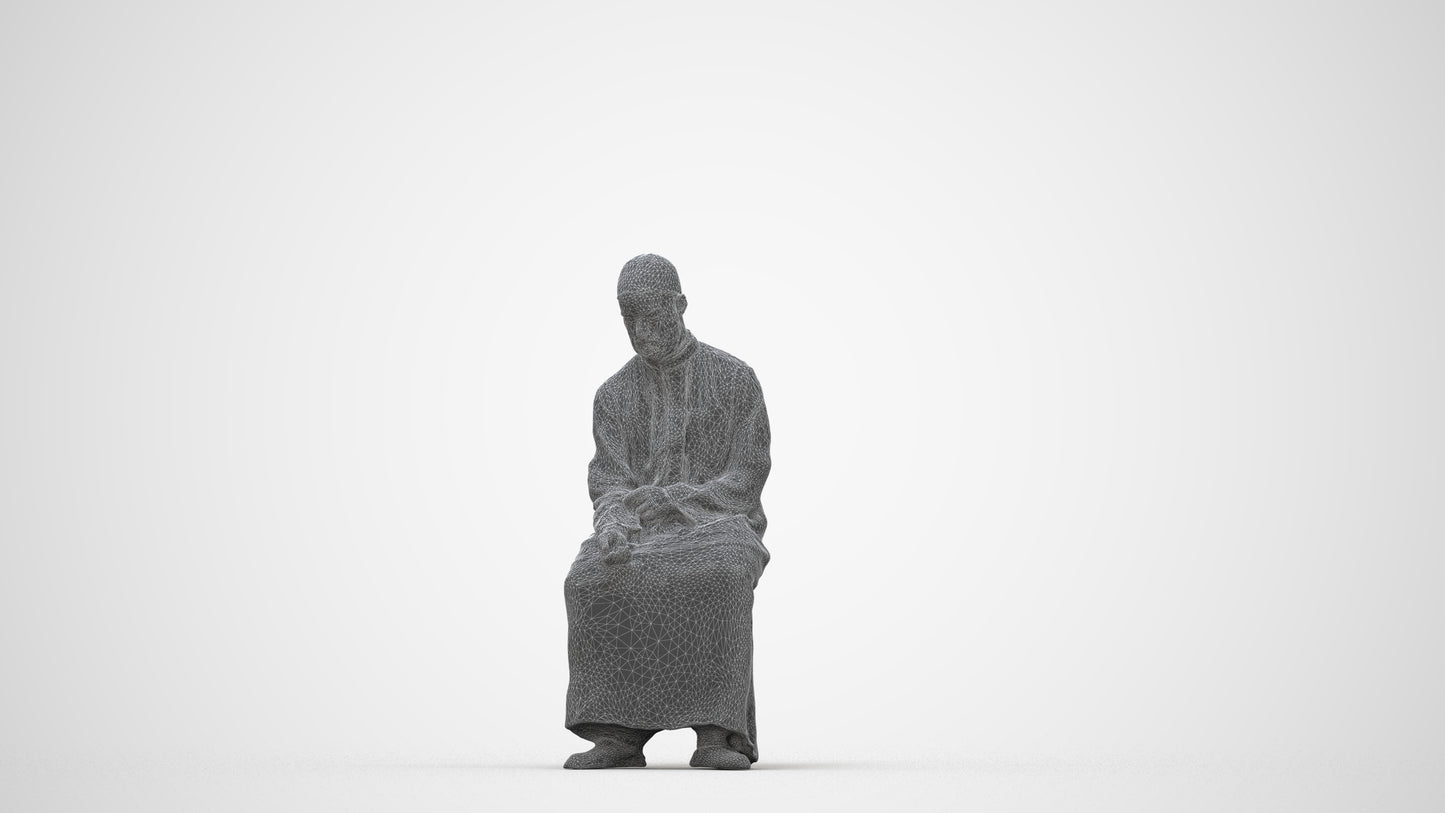 3D people model man sitting, scanned human for 3ds Max rendering, wireframe back view