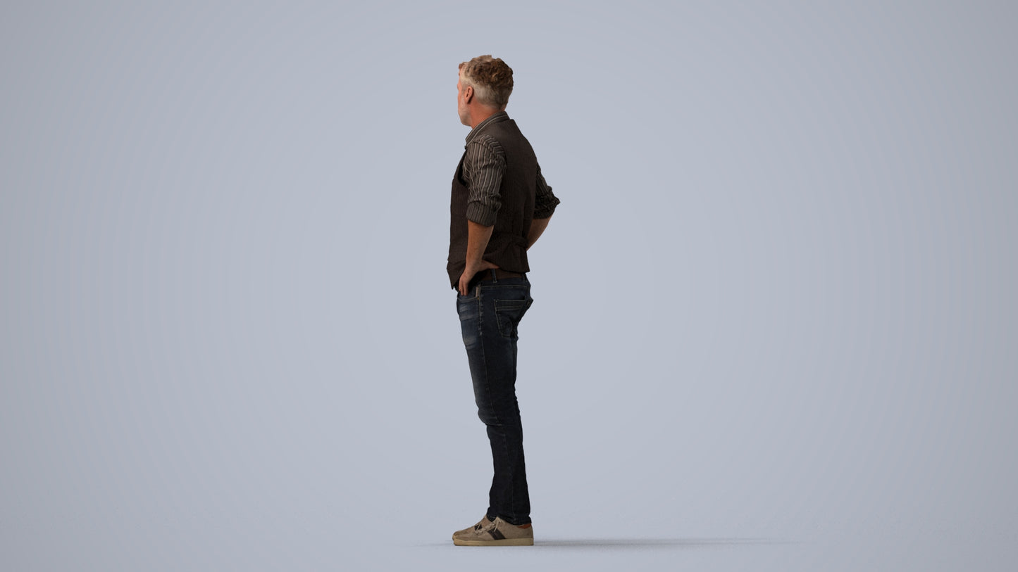 realistic 3D man casual standing, scanned archviz people for Blender and 3ds Max, three-quarter view render